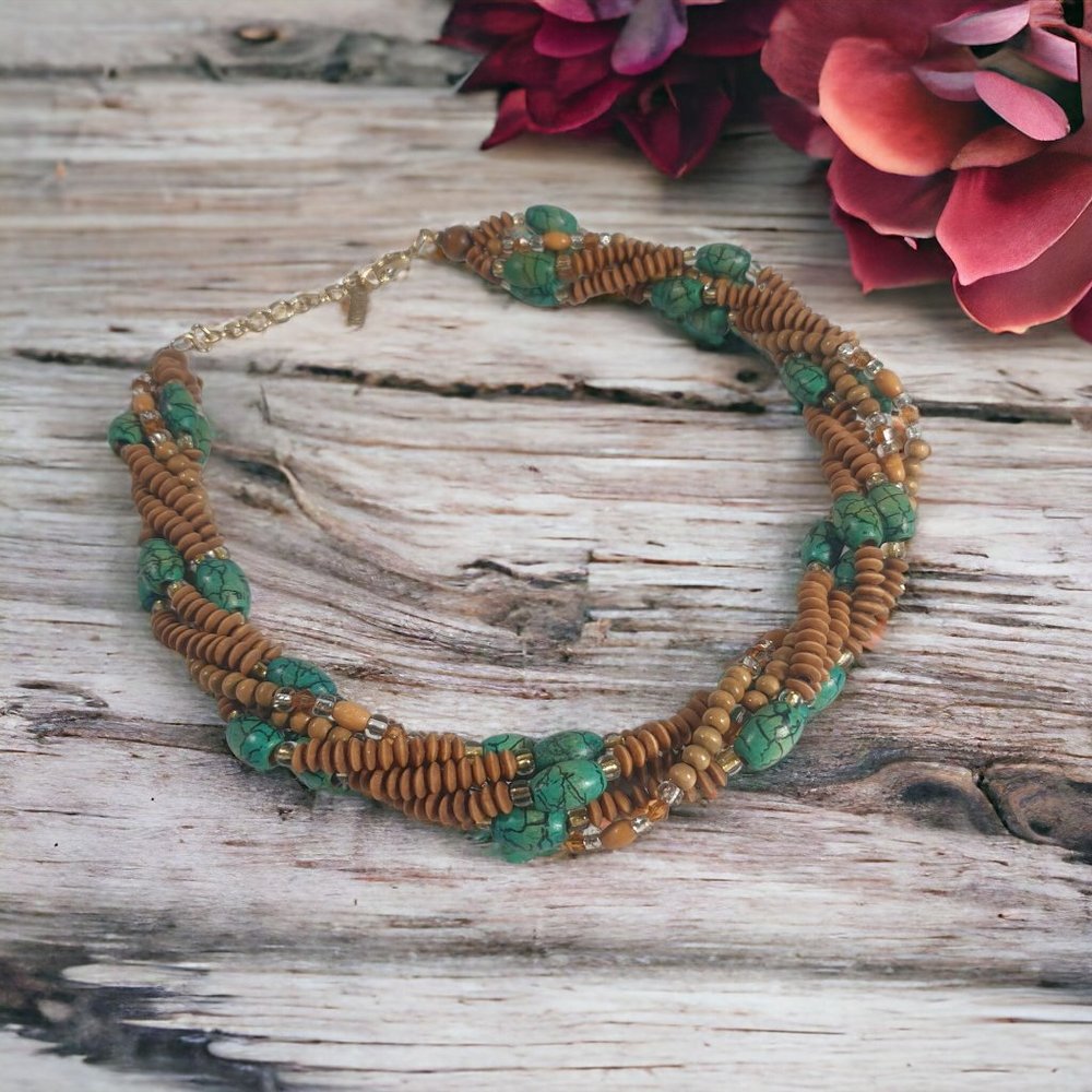 Napier Wooden Twist Necklace Women Faux Turquoise Bead Fashion Costume Jewelry